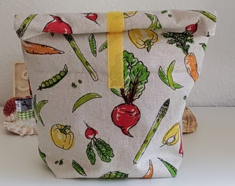 Lunchbag, Lunchtasche aus Canvasstoff und Beschichtete Baumwolle, Lunchbag Gemüse, Zero Waste