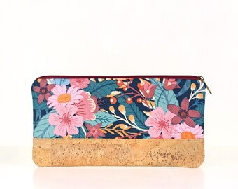 Pencil case made of cork and multicoloured fabric with flowers