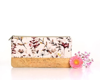 Pencil case made of cork and fabric with leaves and flowers