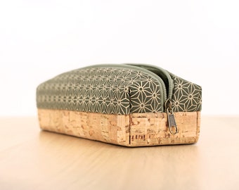 Pencil Case boxy with cork & graphic Asanoha pattern