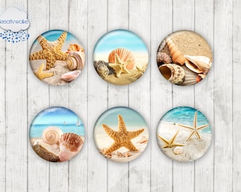 454 - Starfish Beach Maritiem motief Cabochon Glas Cabochons Handgemaakte Foto Glas Cabs Rond, Illustratie Cabochon, Afbeelding Glas Cabochon