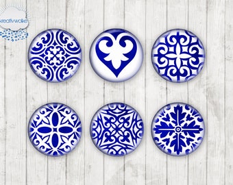 017 - Mosaik Mandala blau delft Motiv Cabochon Glass Cabochons Handmade Photo Glass Cabs Round,Illustration Cabochons,Image Glass Cabochon