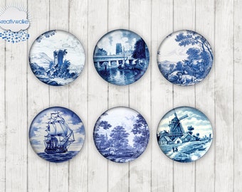 135 - Flämming Delft  Muster Motiv Cabochon Glass Cabochons Handmade Photo Glass Cabs Round,Illustration Cabochon,Image Glass Cabochon