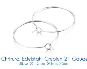 Surgical stainless steel hoop earrings silver 21 gauge Ø 15 mm, 20 mm, 25 mm