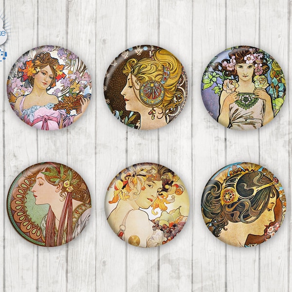 062 - Mucha Mme Été Automne Motif Cabochon Verre Cabochons Fait à la main Photo Verre Cabines Rondes,Illustration Cabochon,Image Verre Cabochon