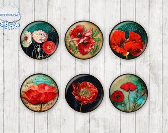 013 - Mohn Blüte vintage floral Motiv Cabochon Glass Cabochons Handmade Photo Glass Cabs Round,Illustration Cabochons,Image Glass Cabochon