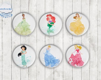 1101 - Princess Watercolor Motif Cabochon Glass Cabochons Handmade Photo Glass Cabs Round,Illustration Cabochon,Image Glass Cabochon