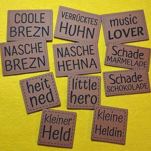 Kunstlederlabel Patch Aufnäher - coole brezn - verrücktes huhn - kleiner held - kleine heldin - schade marmelade - bayrisch - nasche brezn