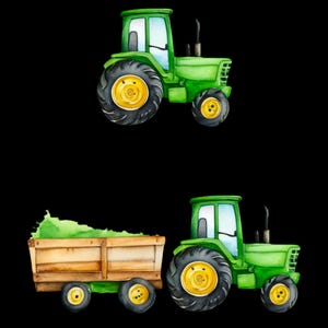 Könnte beinhalten: Aquarellillustration von zwei grünen Traktoren mit gelben Rädern auf schwarzem Hintergrund. Ein Traktor ist allein dargestellt, der andere zieht einen Holzanhänger mit grünem Laub. Die Traktoren haben ein cartoonartiges Aussehen.