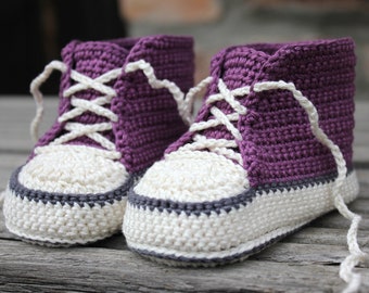 Baby shoes purple beige crocheted - 100% cotton Babychucks sports shoes sneakers gift birth baptism vintage crocheted shoes girls purple