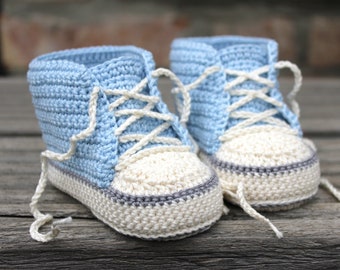 Baby shoes light blue beige crocheted - 100% cotton Babychucks sports shoes sneakers gift birth baptism vintage crocheted shoes boys blue