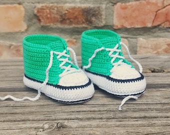 Baby shoes green white crocheted - 100% cotton Babychucks sports shoes sneakers gift birth baptism crochet shoes girls boys unisex