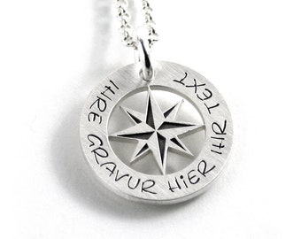 Pendentif avec rose des vents gravée, coordonnées GPS, symbole GEO et chaîne ronde en argent sterling 925, collier prénom, date, initiale |PS475KE2