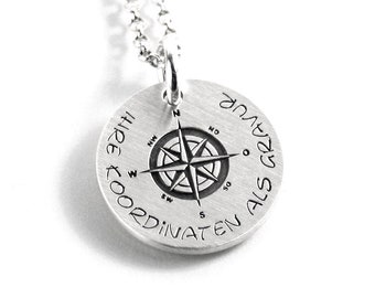 Pendentif avec rose des vents gravée, coordonnées GPS, symbole GEO et chaîne ronde en argent sterling 925, collier prénom, date, initiale |PS400KE2