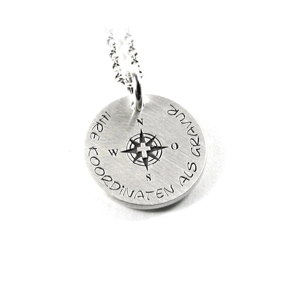 Pendant with engraving women men chain compass rose compass GPS coordinates  GEO wind rose symbol and chain 925 silver round name date PS339KE2