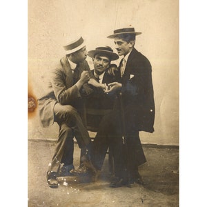 Three men with hats, friends. Greece 1920s. Vintage funny photo postcard size 30055 image 1