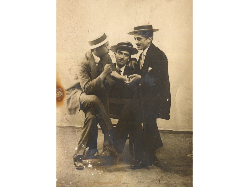 Three men with hats, friends. Greece 1920s. Vintage funny photo postcard size 30055 image 1