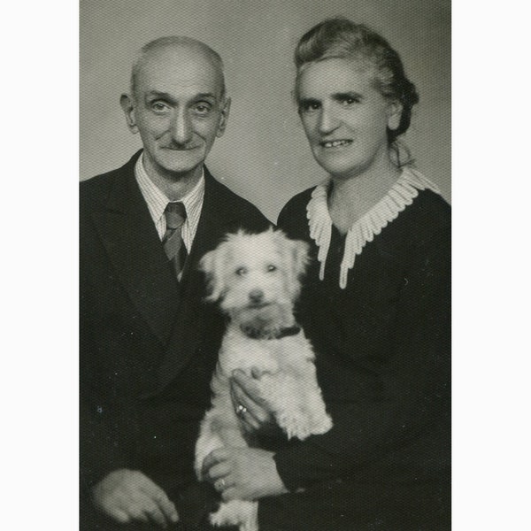 Elderly couple with their dog. Turkey  Arnavutköy 20.9.1947 Bosphorus. (Χρυσοκέραμος Βοσπόρου)  [51928]  by Foto Col