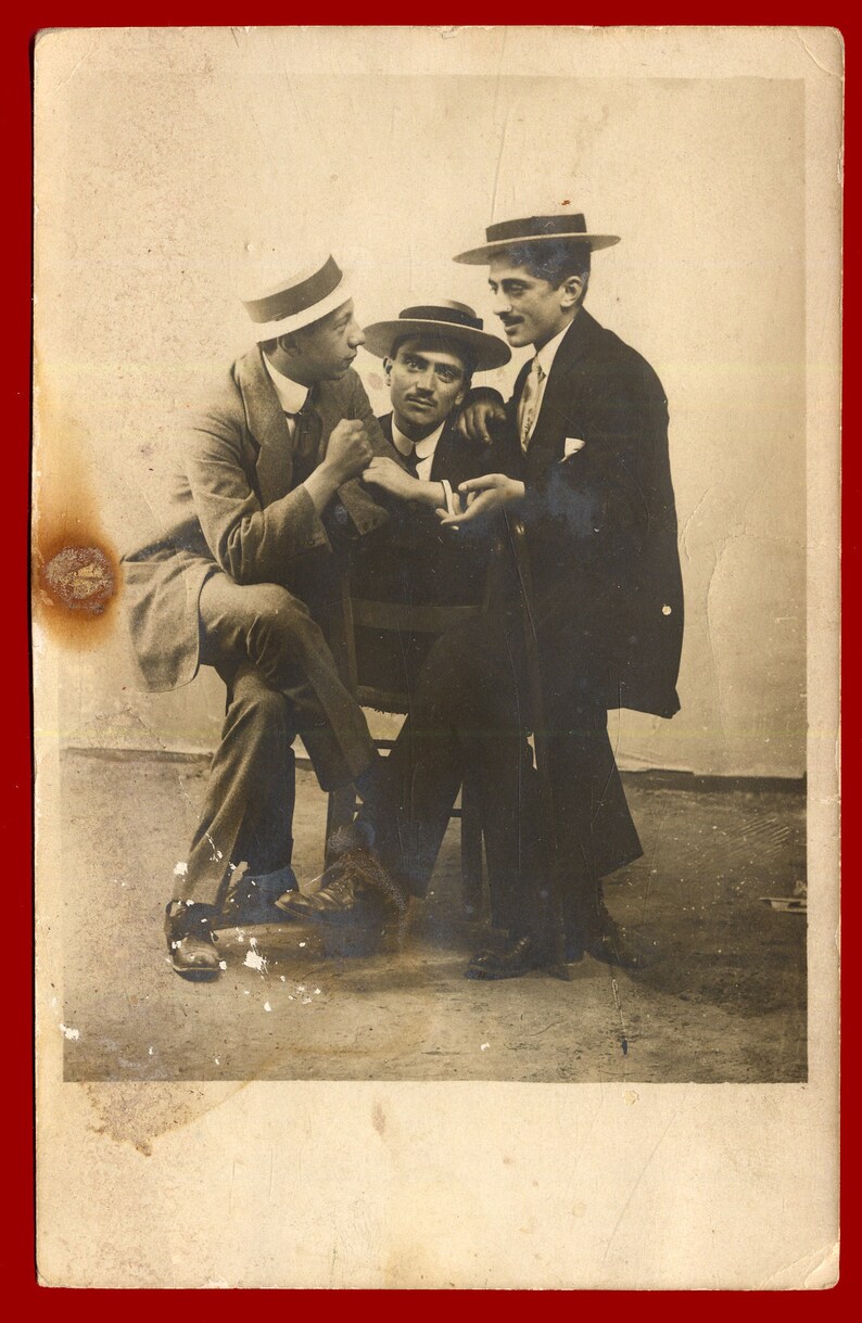 Three men with hats, friends. Greece 1920s. Vintage funny photo postcard size 30055 image 3