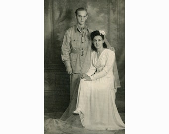 Wedding couple. Greece 10.9.1944. The groum is soldier. Vintage photo postcard size [50777]