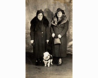 Two women [Greeks]. Dog, fur hat. USA 23.1.1938. Vintage photo postcard size [24615]