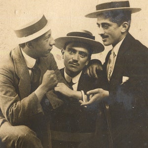 Three men with hats, friends. Greece 1920s. Vintage funny photo postcard size 30055 image 4