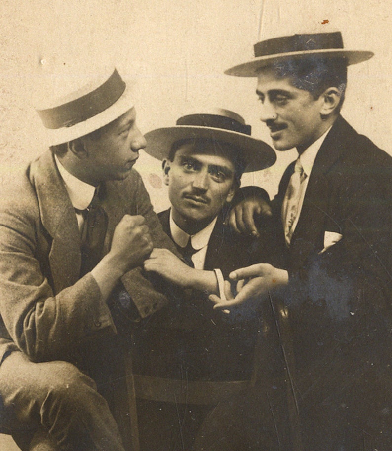 Three men with hats, friends. Greece 1920s. Vintage funny photo postcard size 30055 image 4