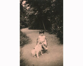 Little girl with her dog. Greece about 1930s Vintage photo [51082]