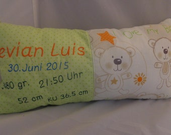 Cuddly pillow with birth dates