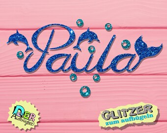 Glitter iron-on name with dolphins and fin