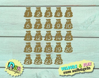 Adventskalenderzahlen zum aufbügeln "Geschenke-Sack" in 49 Farben Adventskalender Zahlen Bügelbild