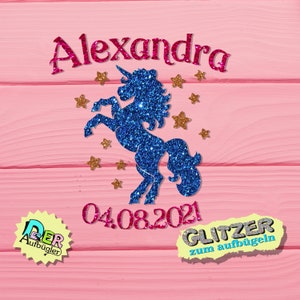 Iron-on picture unicorn with name and date in 33 glitter colors image 1