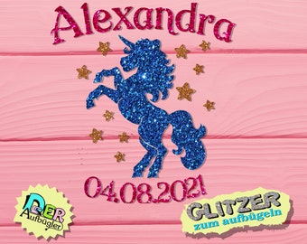 Iron-on picture unicorn with name and date in 33 glitter colors