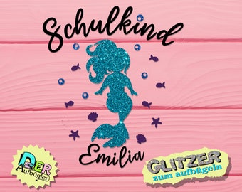 Iron-on picture school child and mermaid with name glitter in 33 colors