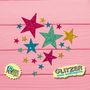 Iron-on picture star glitter, 20 colorful stars to iron on in 33 colors