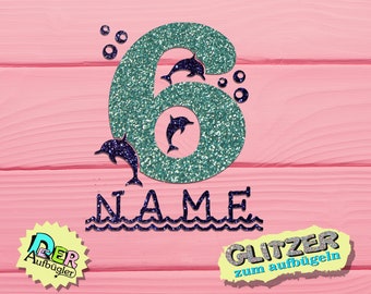 Glitter iron-on number with name and dolphins for birthday shirt