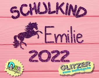 Iron-on picture school child horse with name and year in 33 glitter colors