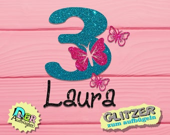 Glitter iron-on number with name and butterflies for birthday shirt