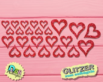 Iron-on picture hearts glitter, 33 hearts in a set in 33 colors