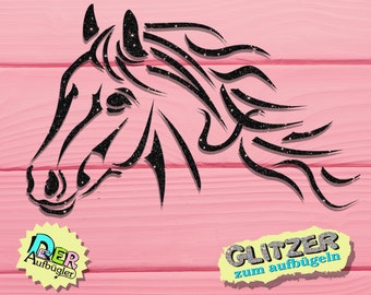 Glitter iron-on image horse head, horse with flowing mane