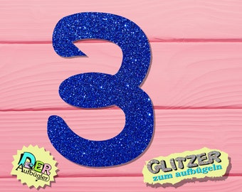 Iron-on picture birthday number three glitter in 33 colors