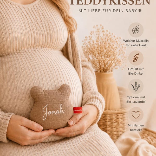 Personalisiertes Teddykissen Baby | Bio Dinkelkissen mit Namen & Lavendel | Wärmekissen Musselin Geschenk Geburt