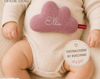 Personalisiertes Dinkelkissen Wolke mit Namen | Bio Wärmekissen Baby mit Lavendel | Musselin Kuschelkissen | Geschenk zur Geburt