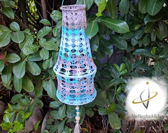 Häkellaterne Boho - gehäkelter Lampion Farbverlauf blau-sand - Einzelstück Ibiza Boho-Style Kronleuchter