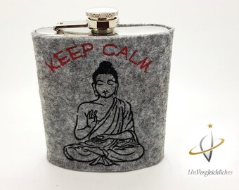 Flachmann bestickt Filz Flachmannhülle Buddha Keep calm Yoga Entspannung Weihnachtsgeschenk Schnapsflasche Edelstahl Frauengeschenk