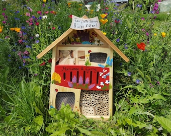 Bienenhaus, Insektenquartier, mit Wunschtext und Namen, Kindergartenabschied, wetterfest, Wandmontage, Vogelvilla