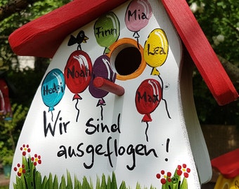 Afscheidscadeau voor opvoeder - vogelhuis voor de kleuterschool, vogelvilla gepersonaliseerd met kindernamen | weerbestendige kleuren