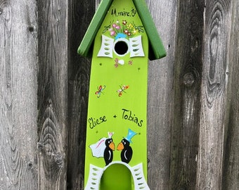 Gift wedding, birdhouse, personalized for the bridal couple, weatherproof, hand-painted