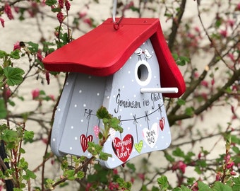 Birdhouse wedding gift, personalized with name, date and sayings