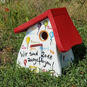 Birdhouse Birdhouse with desired text and name, kindergarten farewell, school, weatherproof, with hook for hanging, bird villa